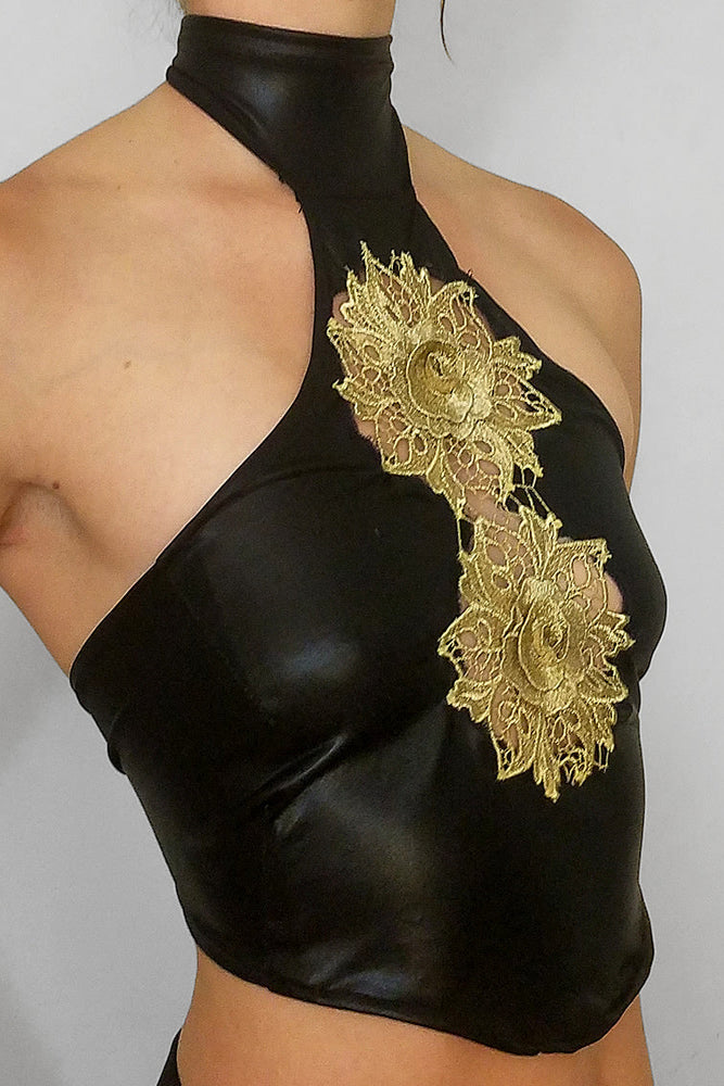 Multi Layer Gold Thread Flower Faux leather Top