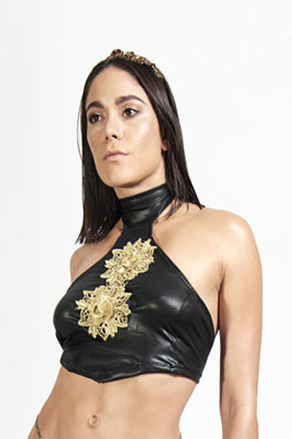 Multi Layer Gold Thread Flower Faux leather Top